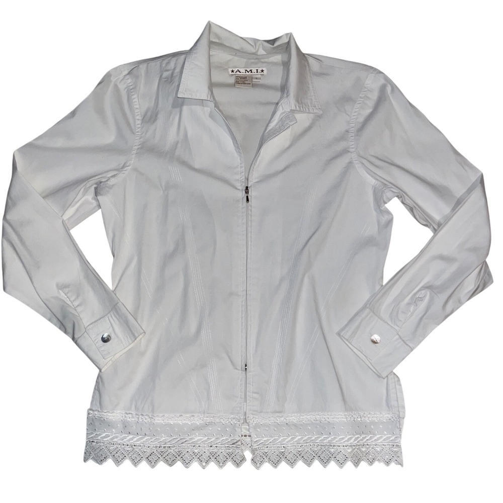 A.M.I. Womens White Zip Front Lace Hem Blouse Long Sleeve Shirt Style 22033 S